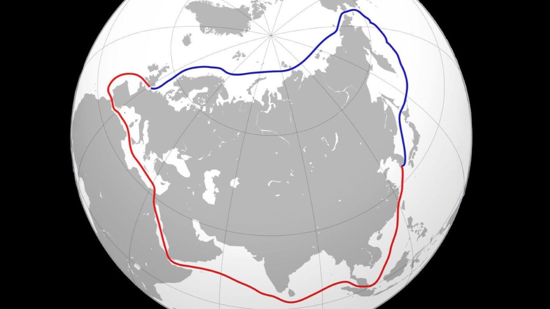 Computer generated image of the Earth against a blackground, showing UK, Russia and Eurasia land mass in grey and sea in white, with a northern transit route in a blue line, and southern red line