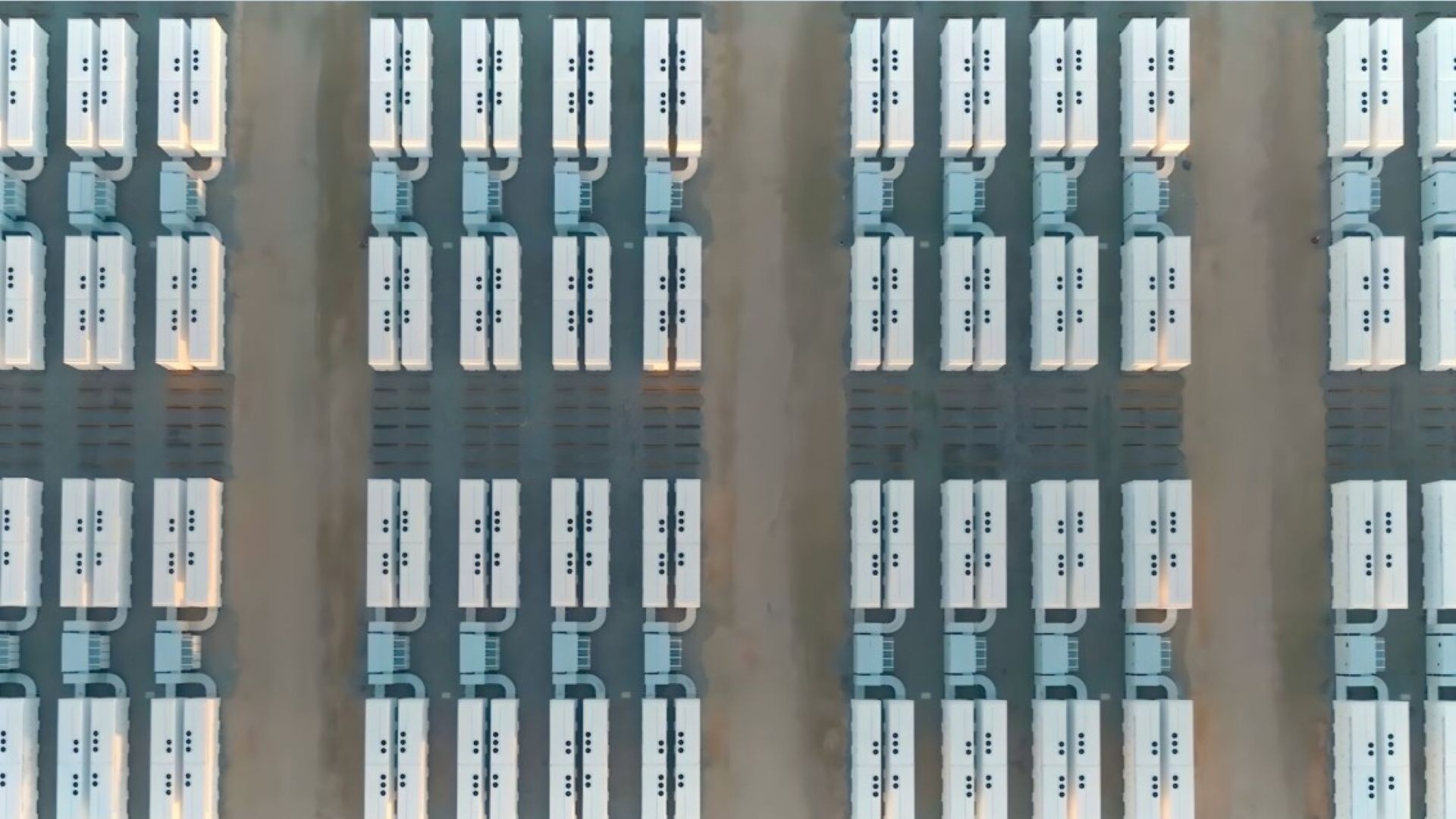 View of row upon row of battery energy storage systems lined up
