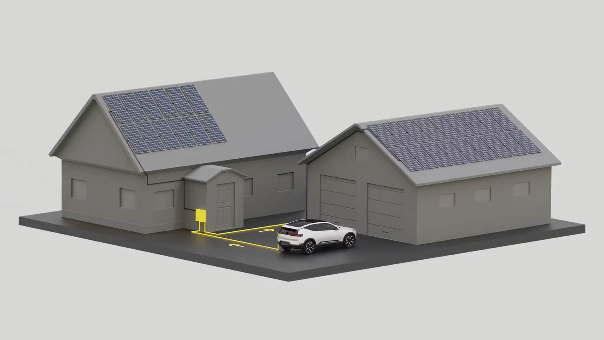 Computer generated image of EV plugged into house