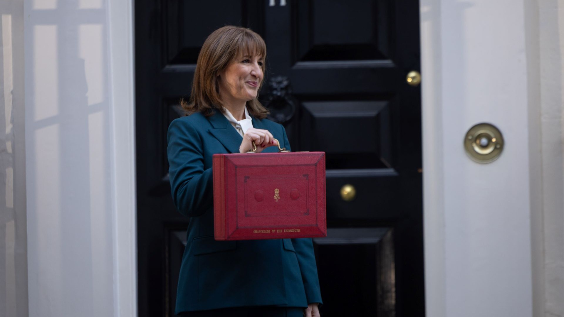 Chancellor of the Exchequer Rachel Reeves holding red box in Downing Street