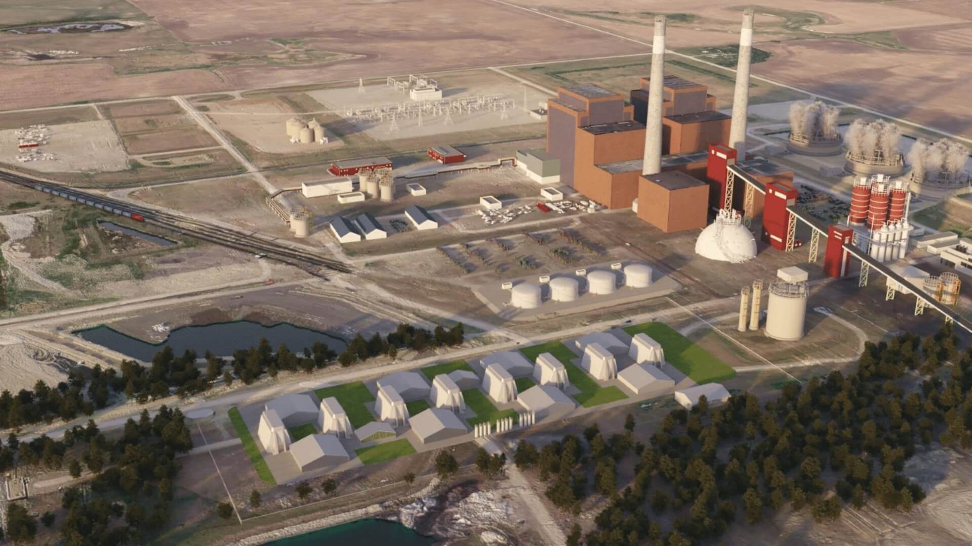 CGI rendering of aerial view over industrial plant buildings and chimney stacks