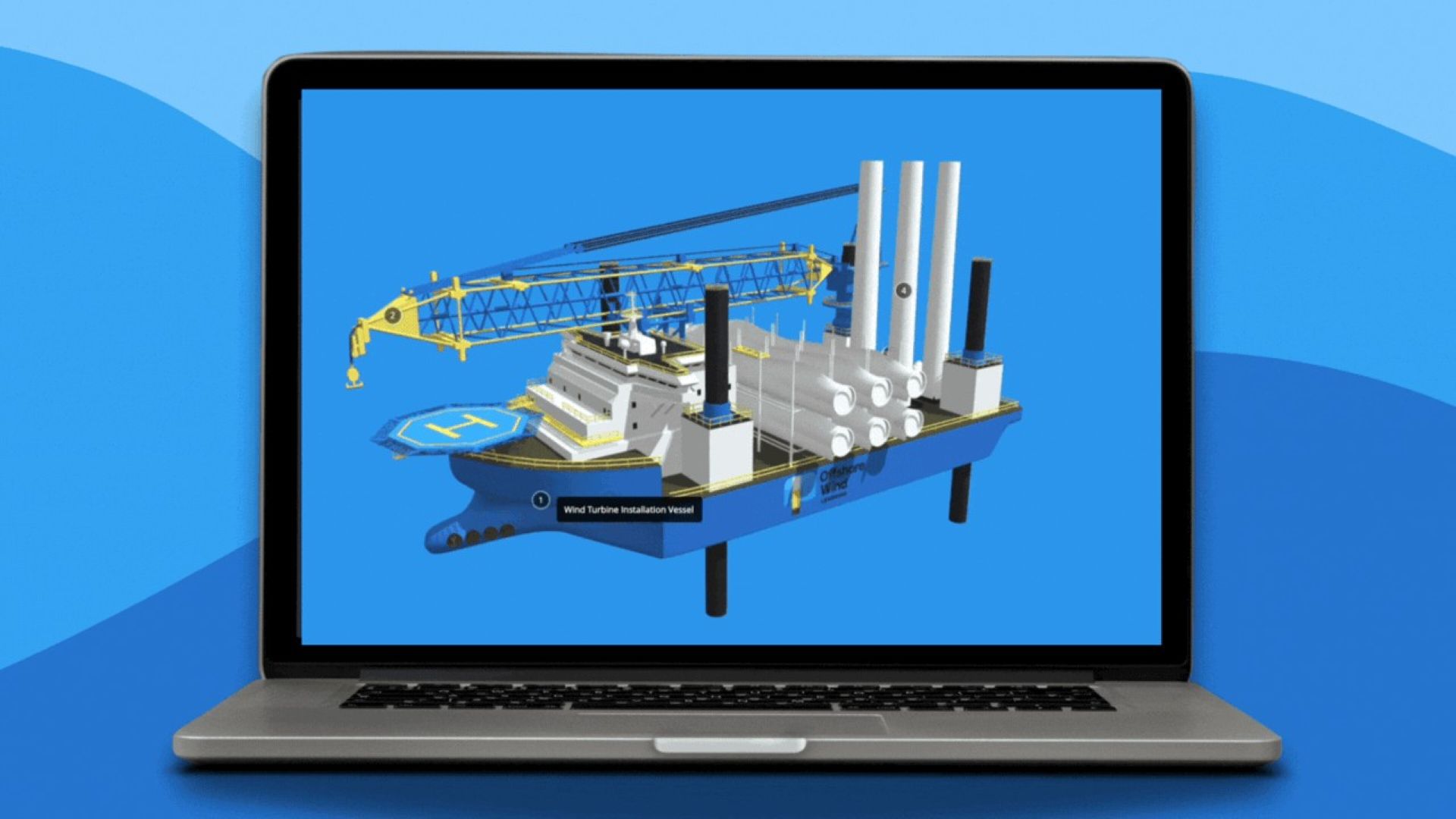 CGI graphic of a turbine installation jack-up barge showing on a lap top screen