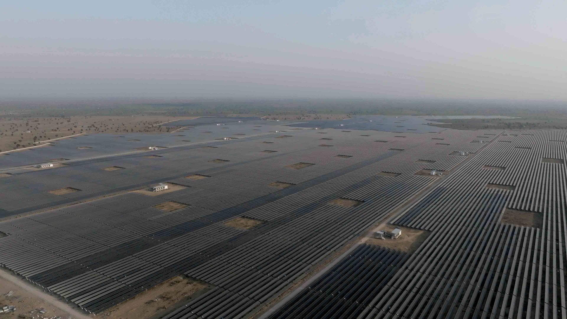 Aerial view over row upon row of solar panels