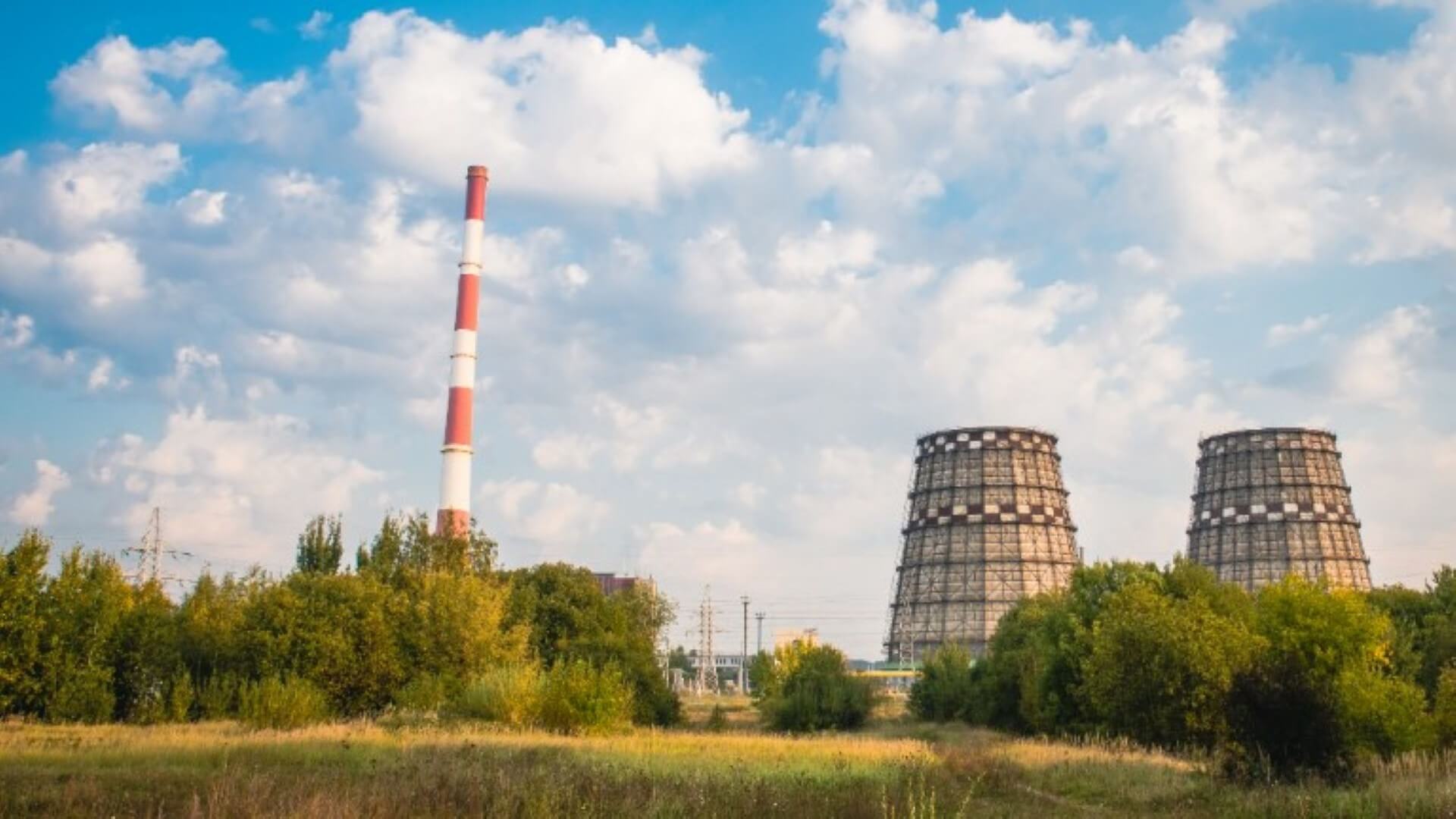 Exterior view of power plant with two chimneys
