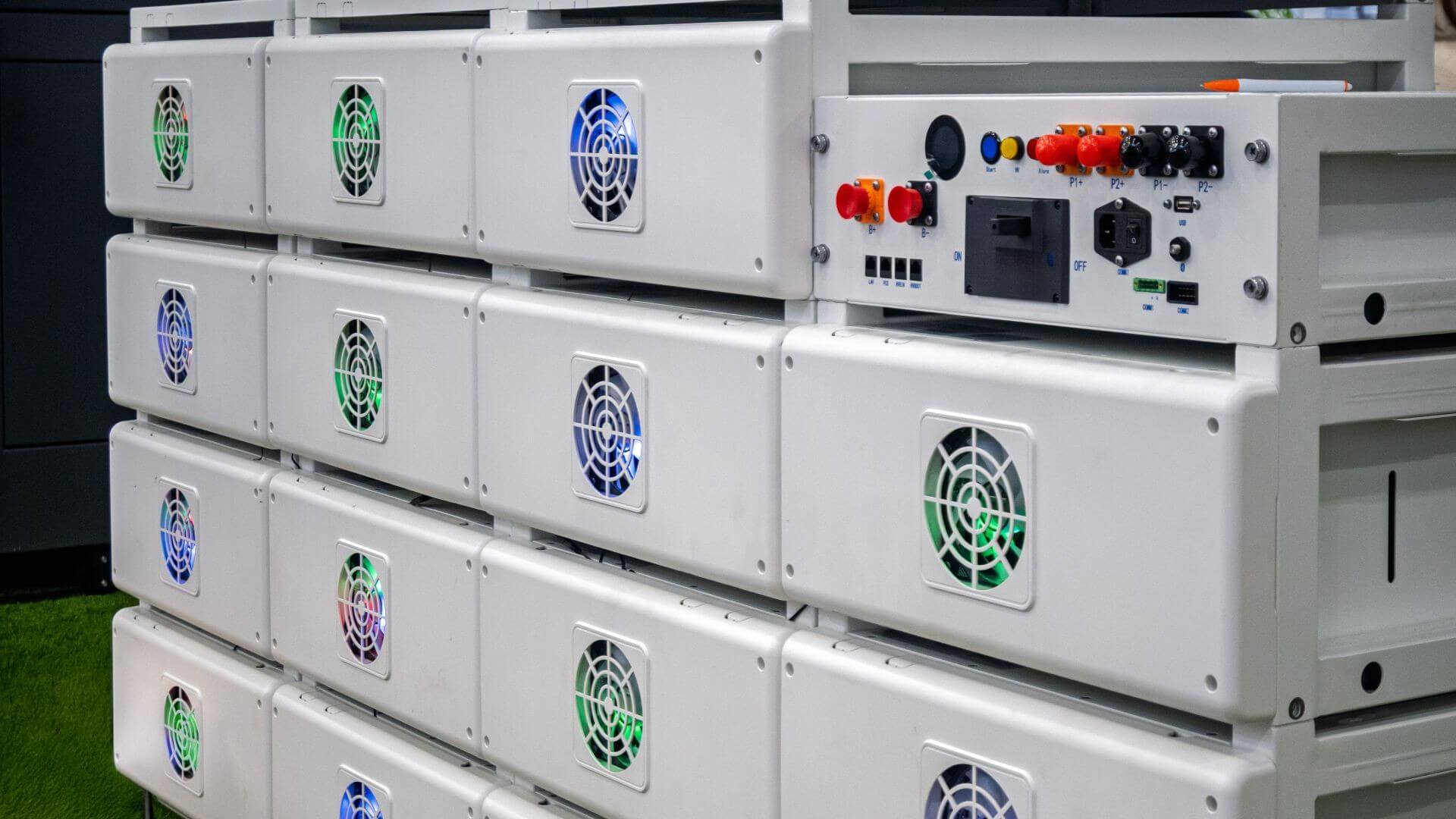 Close up view of small battery energy storage systems stacked up in cuboid formation, with control unit with dials and knobs top located in the top right of the stack