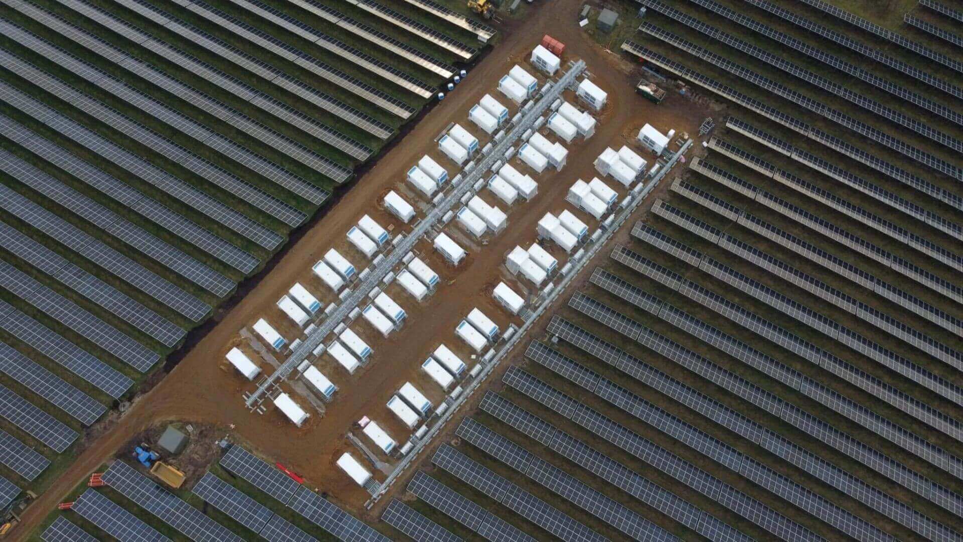 Aerial view of solar farm and BESS site