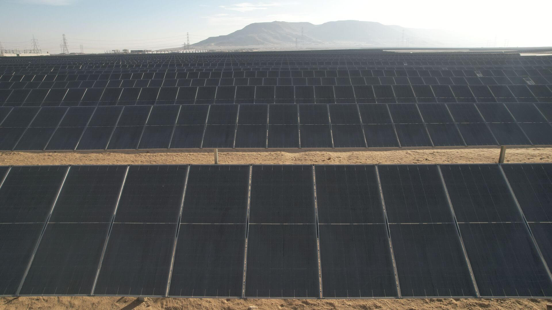 Rows of solar panels in foreground, mountain in the background