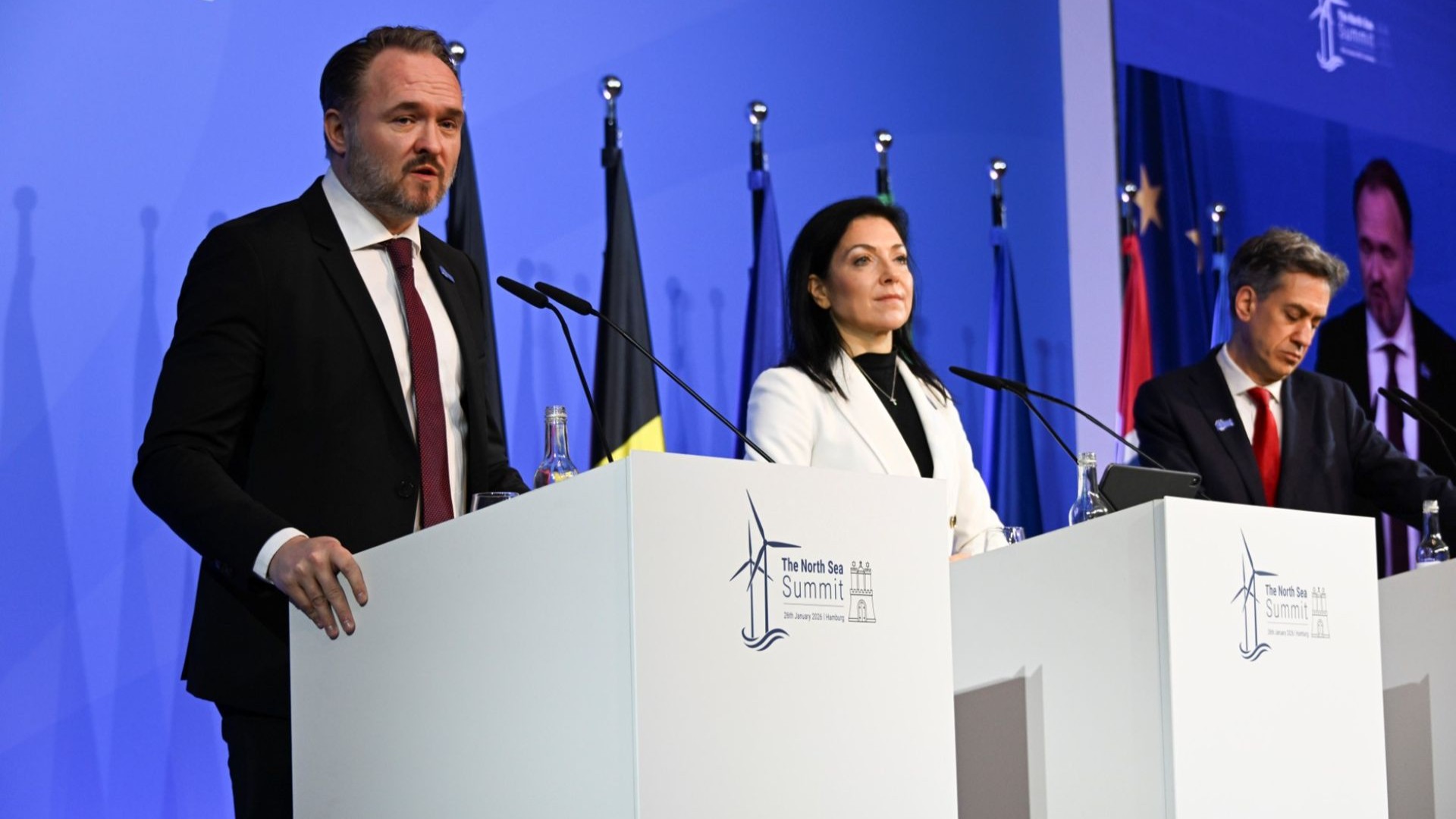Denmark’s EU Commissioner for Energy and Housing Dan Jørgensen; Katherina Reiche, Germany’s Federal Minister for Economic Affairs and Energy; and Ed Miliband, UK Secretary of State for Energy Security and Net Zero during the North Sea Summit in Hamburg
