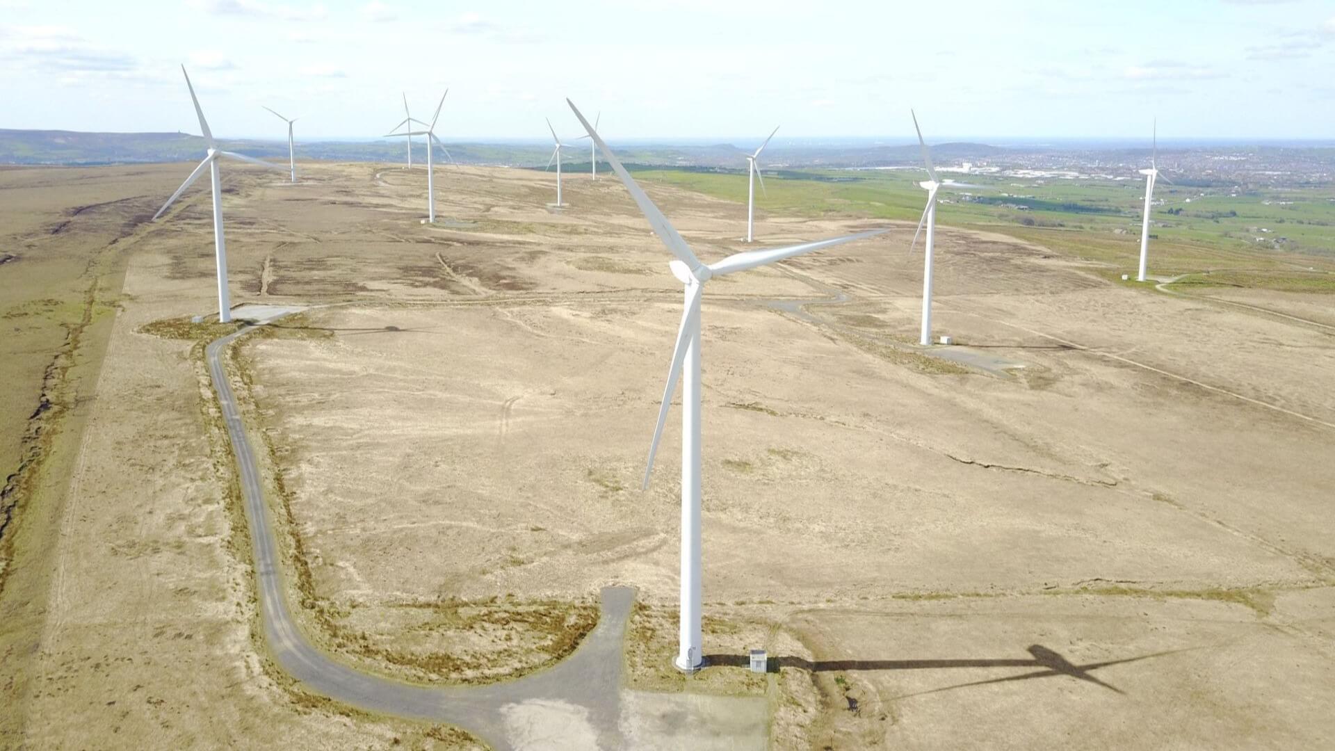 Aerial view of onshore wind farm