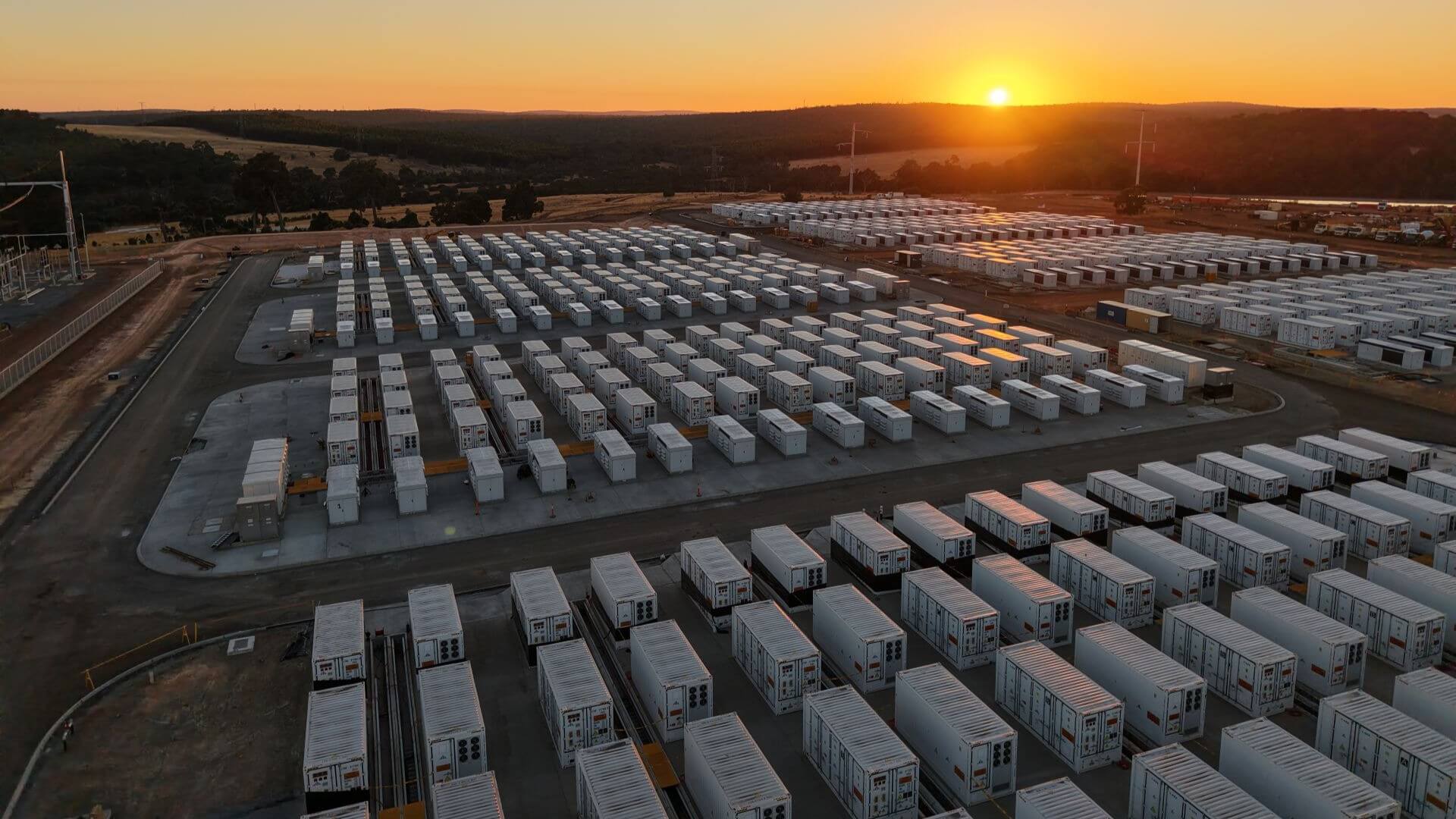Aerial view of rows of batteries at storage site