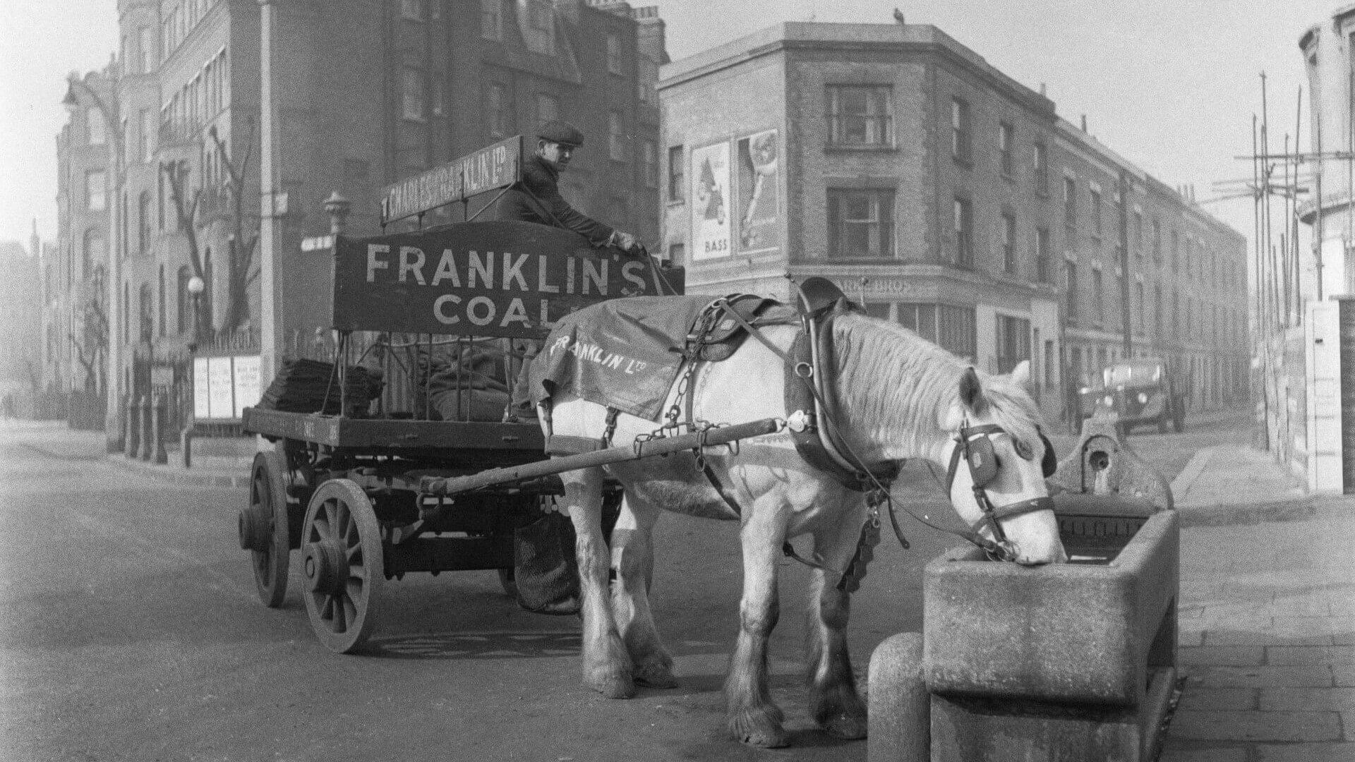 Old back and white photo of horse-drawn cart carrying coal, with man in cap on board and horse drinking from a trough on side of road, with three-story buildings behind