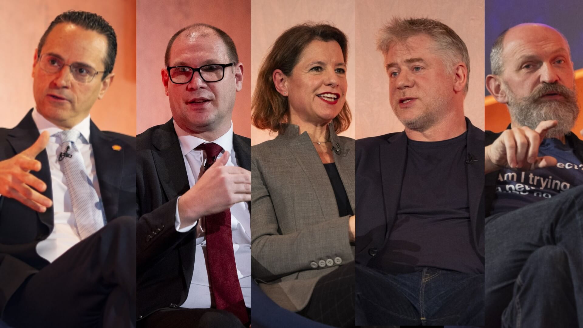 Five profiles photos set side by side of five speakers sat on stage and talking in various panel sessions at International Energy Week