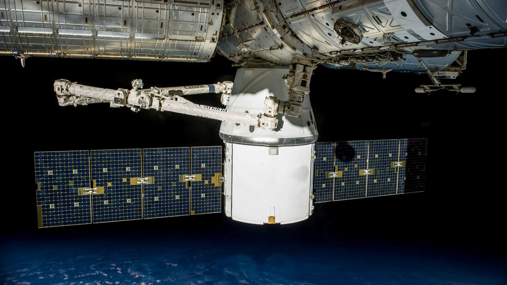 Close up view of the solar panels on a satellite in space