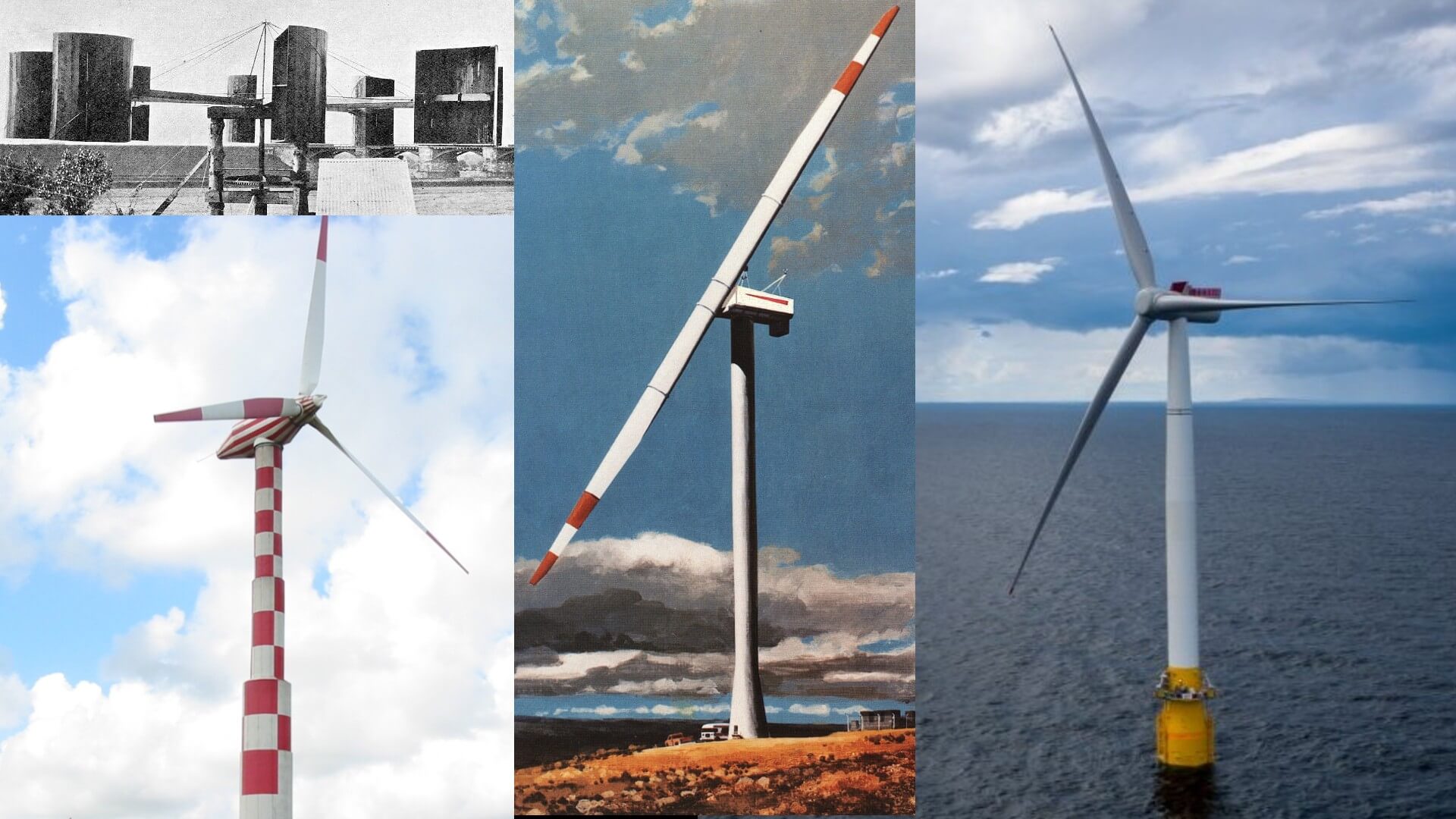 Montage of various wind turbine designs over the years