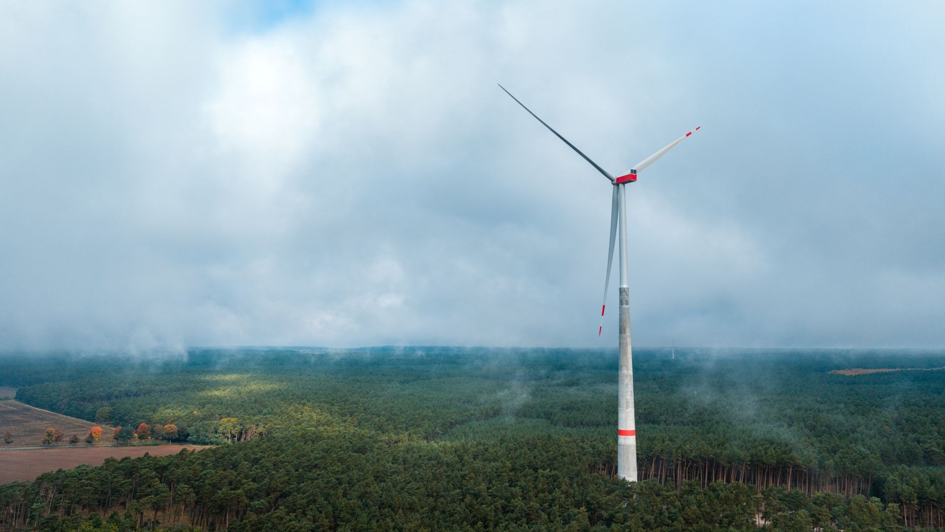 Three-bladed wind turbine surrounded by a forest of green trees