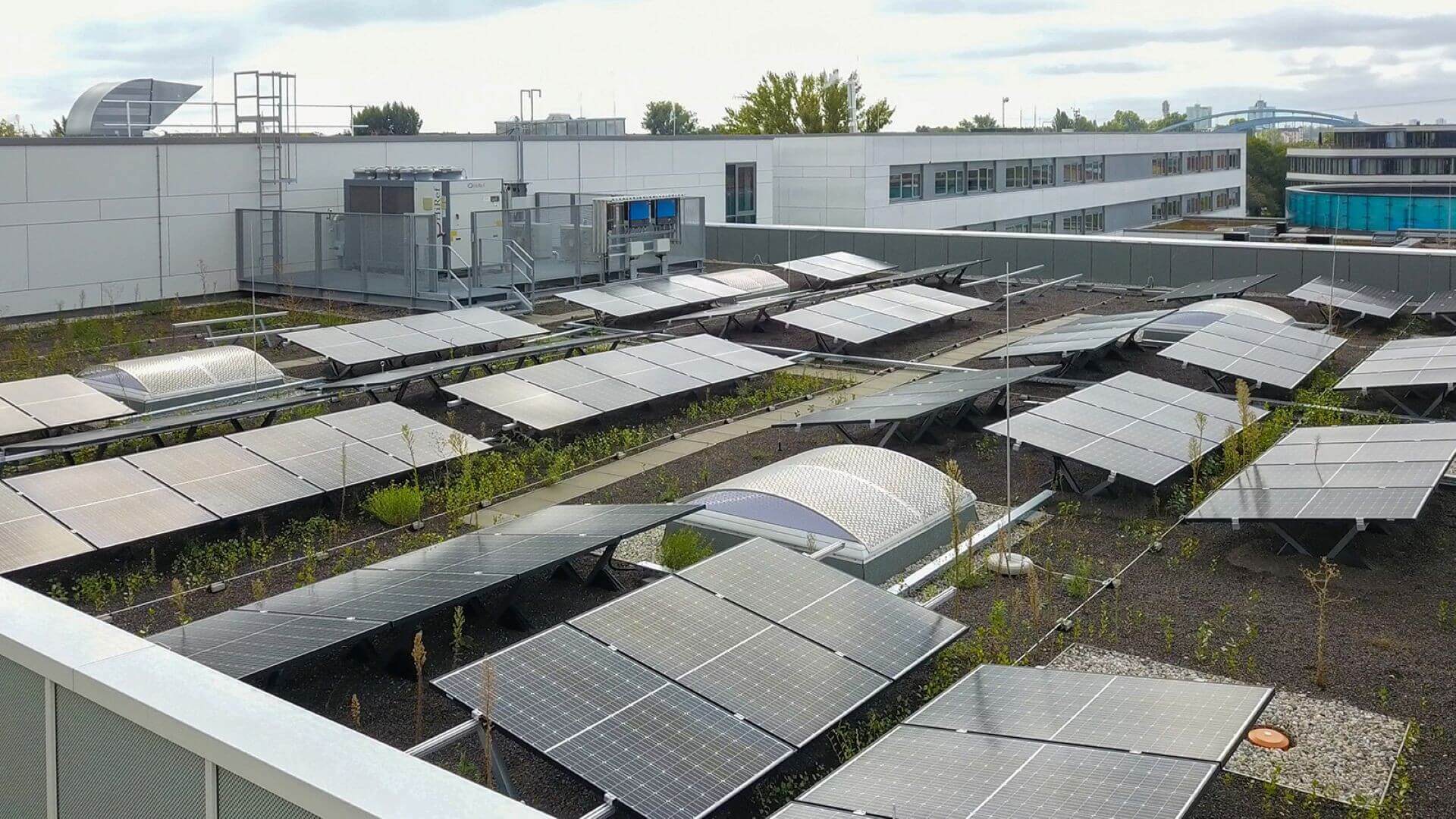 View over solar PV system installed on roof of business premises