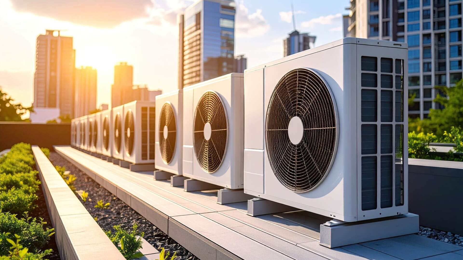 Computer generated image of a row of air conditioning units with large circular fans at front and vents on side, on a roof top, with skyscrapers in the background set against a sunny sky