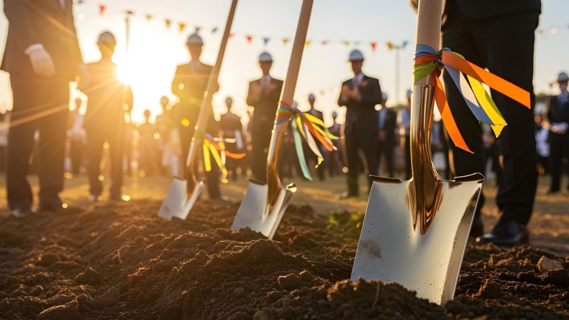 Close of up three spades in a row, the foremost one with ribbons near the base of the handle, digging into the ground, with blurred group of people in the background, some wearing hard hats, and bunting above them, at a groundbreaking ceremony
