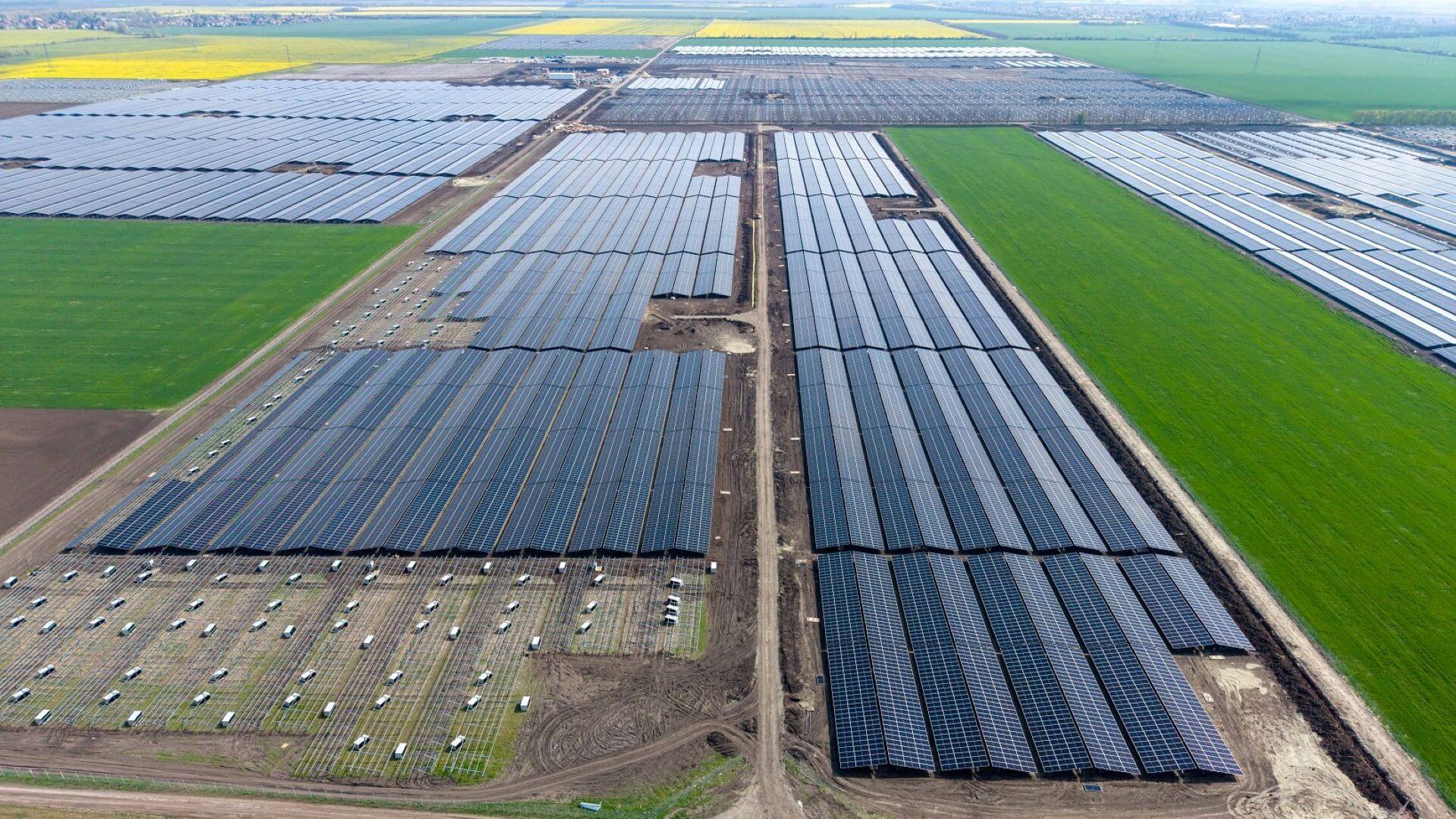 Aerial overview of solar farm showing row upon row of solar panels