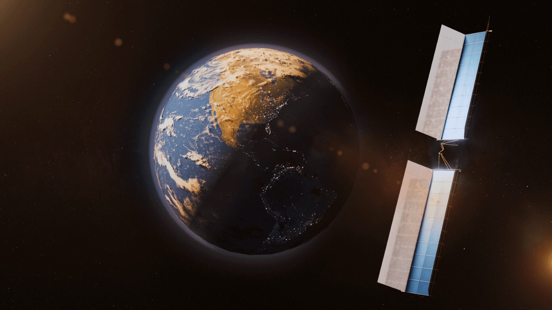 Computer generated image showing satellite with four long rectangular sections covered in solar panels in the foreground, orbiting the Earth, which is pictured in the background against the blackness of space