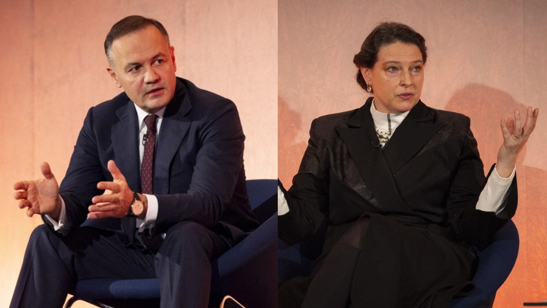 Two photos, side by side, of a man (to left) and woman (to right) seated on stage at a conference and talking to delegates.