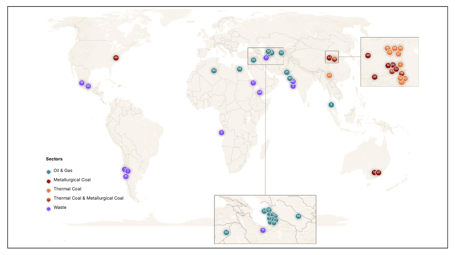 Map of the world with dots with numbers in them indicating the to 50 emitters, by type, of greenhouse gas emissions