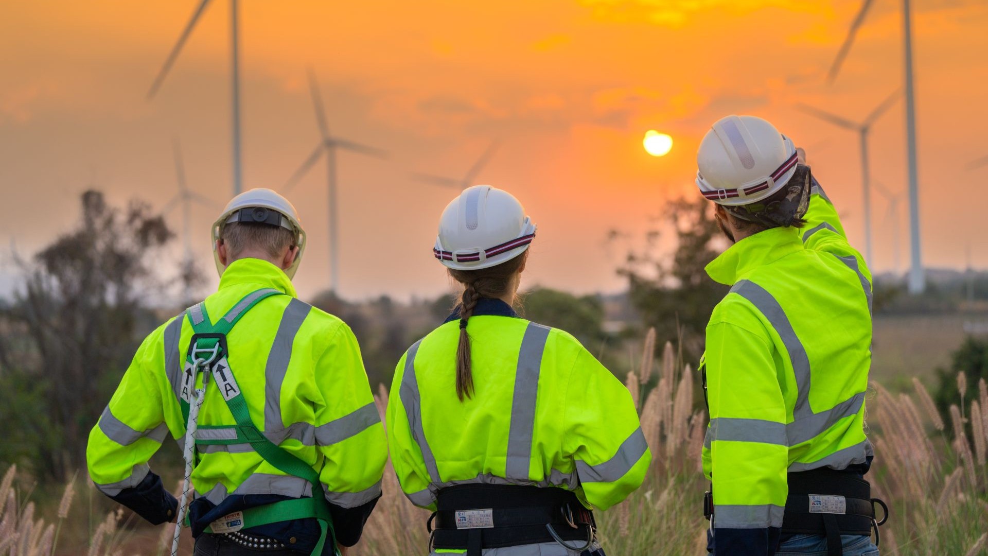Back view of three engineers looking towards an onshore wind farm