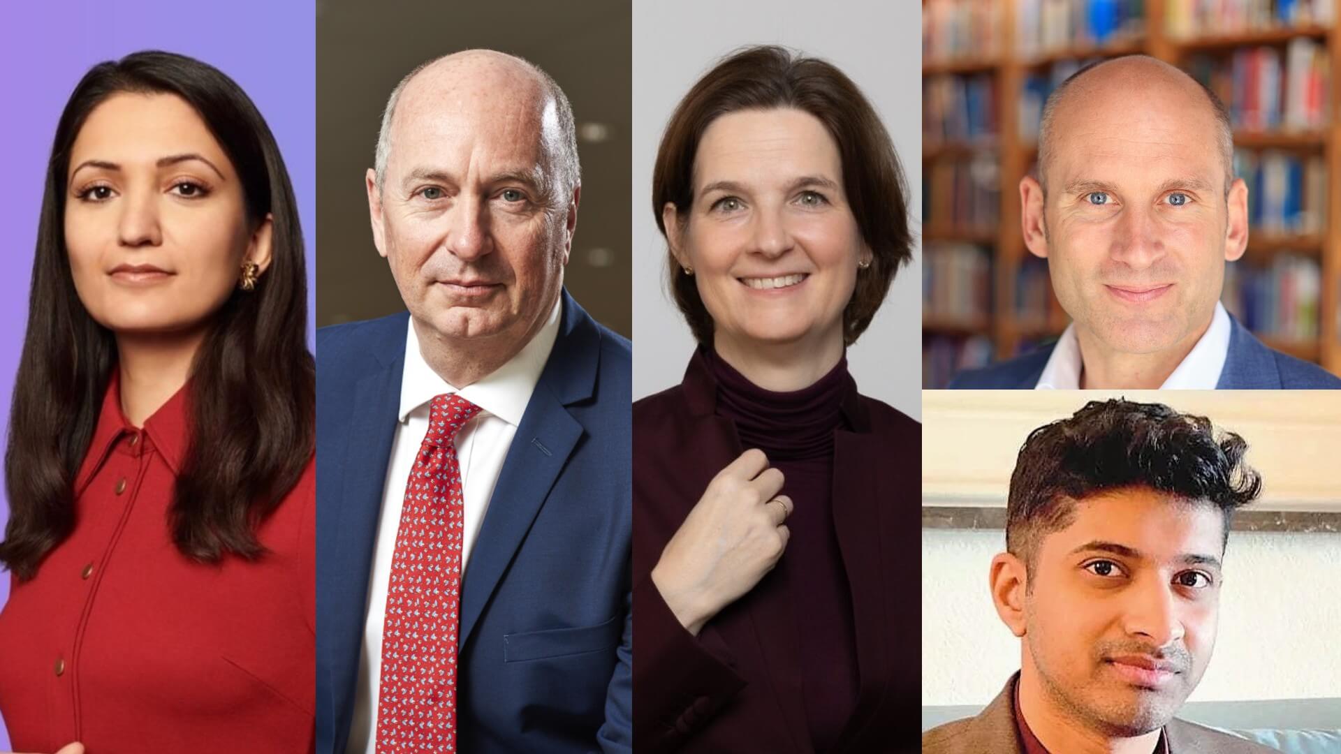 Montage of five head and shoulder photos of people cited in the article