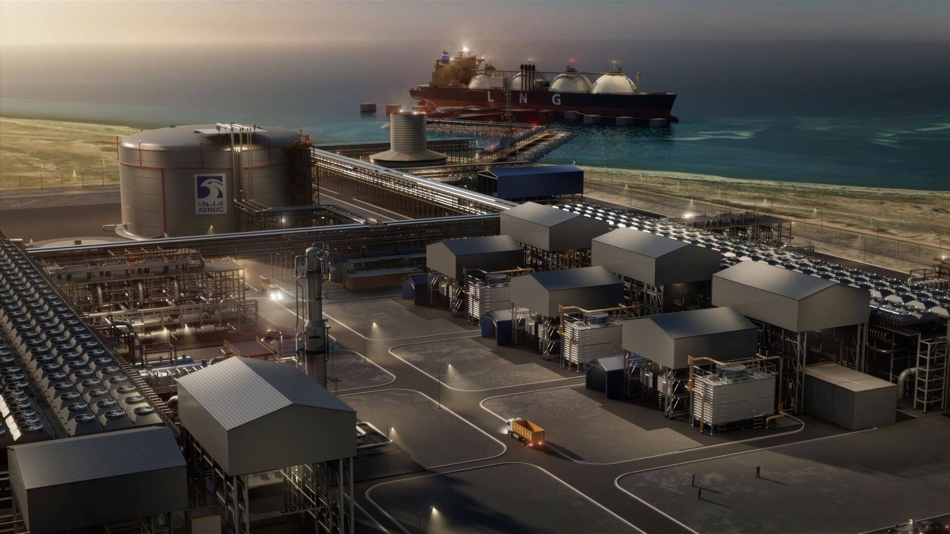 Digital drawing of Ruwais LNG, a two-train LNG liquefaction terminal