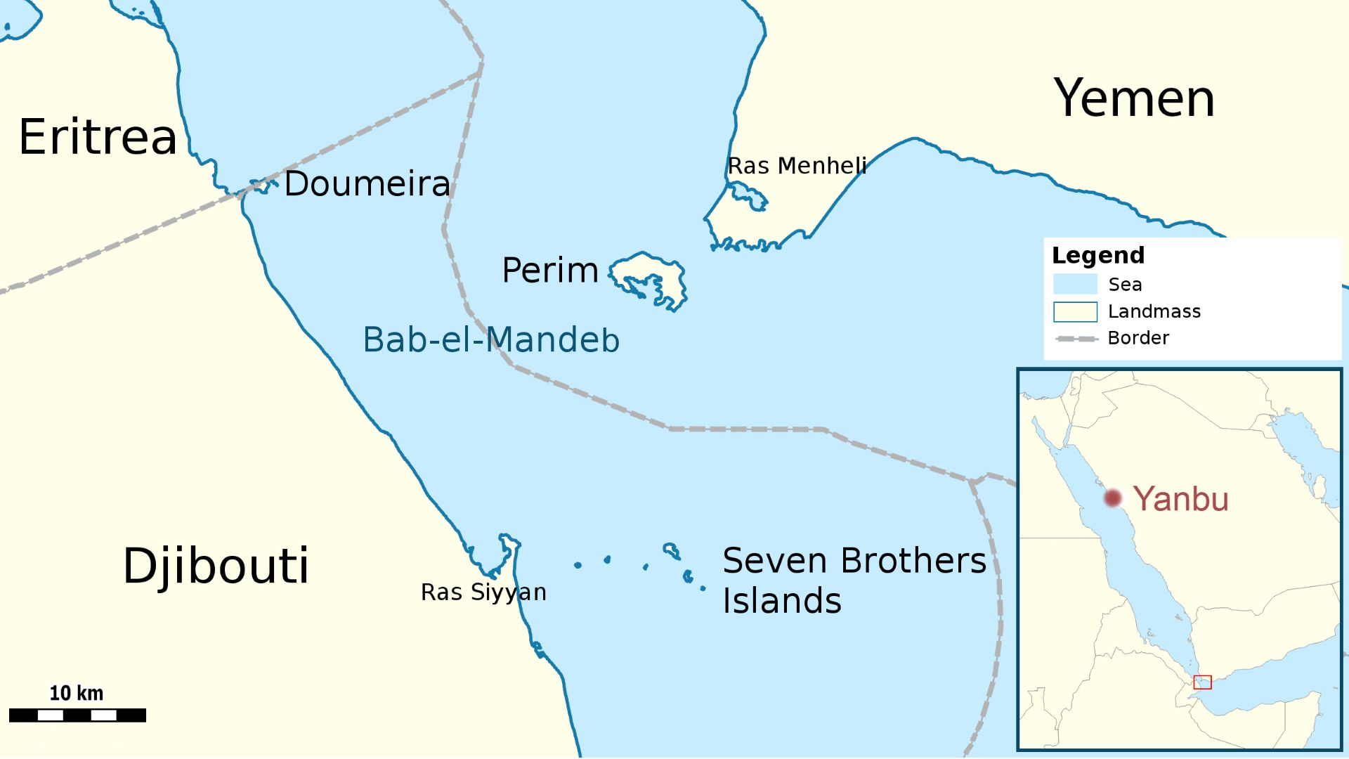 Map showing the Bab-el-Mandeb Strait in the Red Sea, southwest of the Strait of Hormuz
