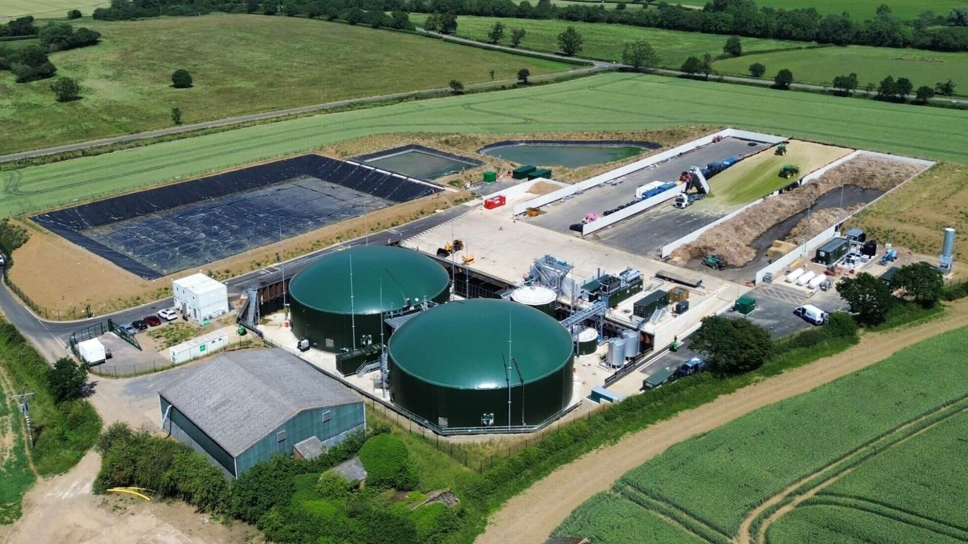 Aerial view of biomethane facility and surrounding farmland