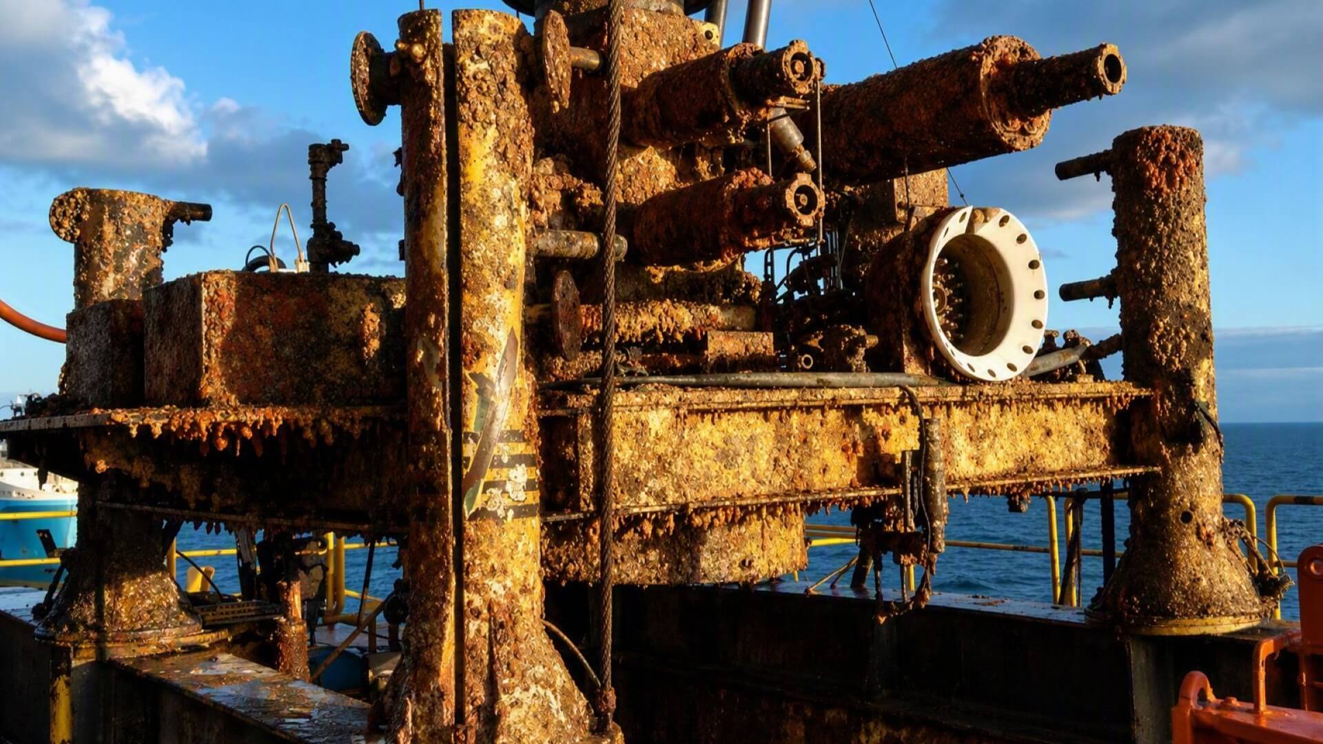Close up view of subsea equipment removed from seabed, rusted and covered with barnacles, that has been lifted on to the deck of a vessel