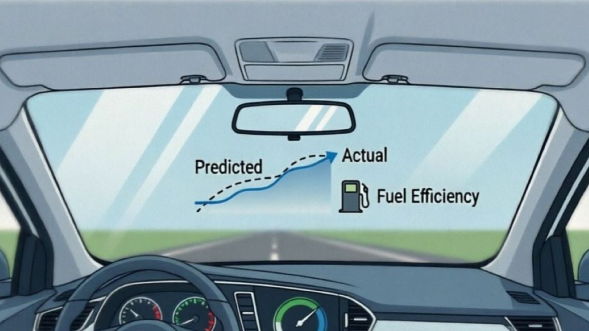 Cartoon-style illustration of car dashboard and windscreen, with a fuel efficiency graph and petrol pump projected onto the windscreen