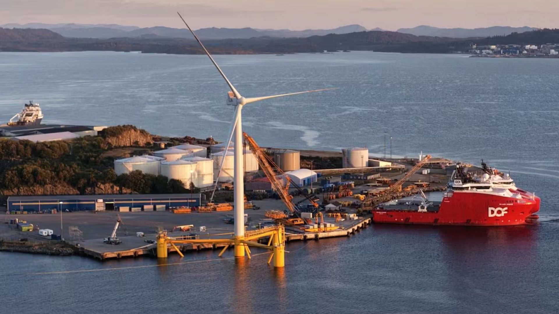 Floating offshore wind turbine in port