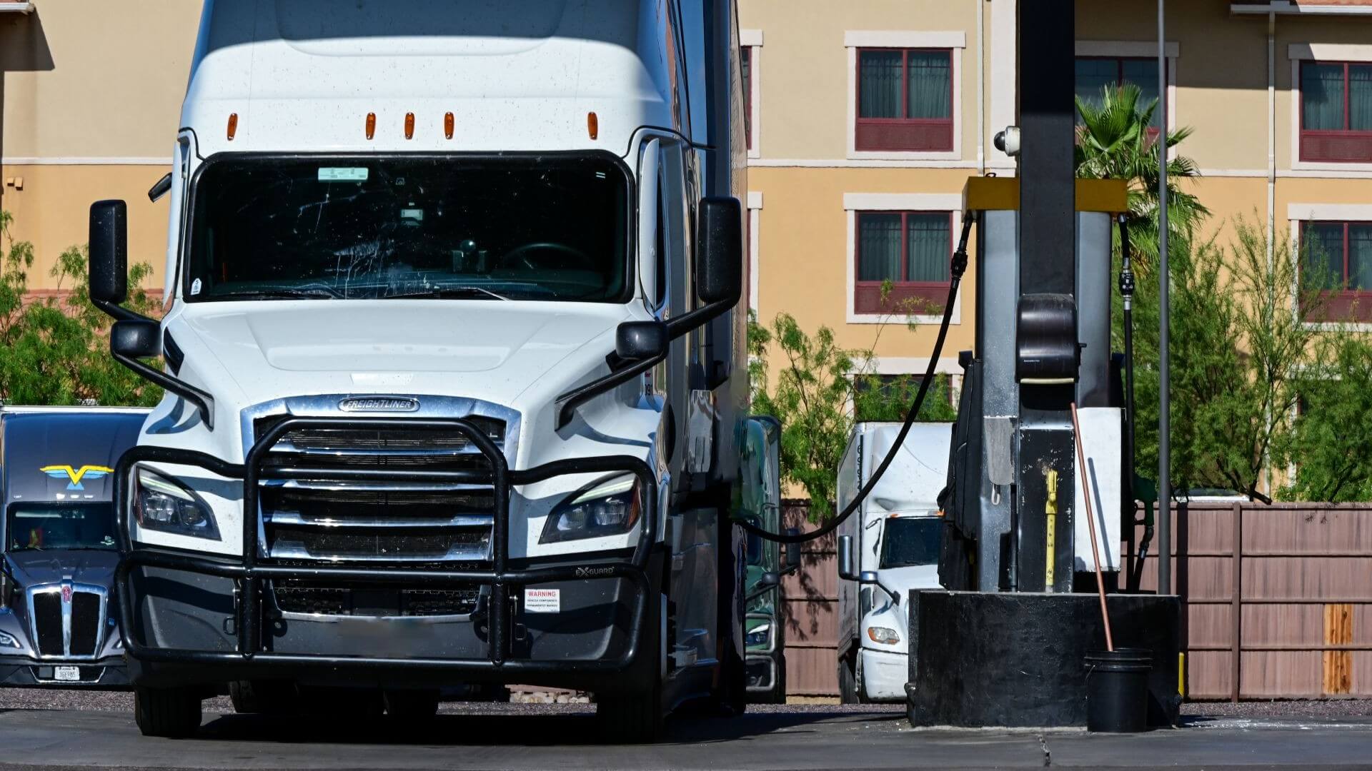 Front view of truck at refuelling station
