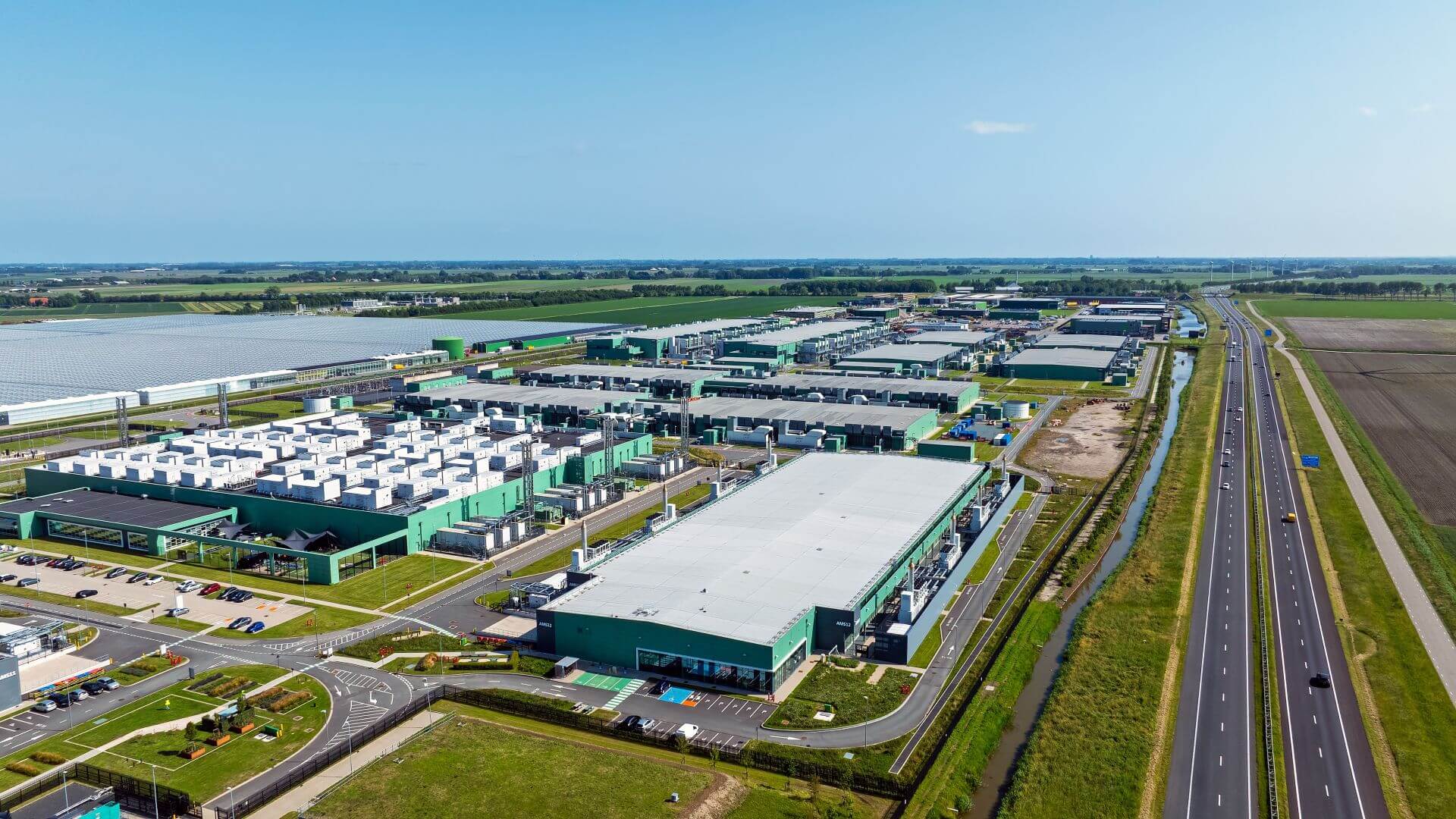 Aerial view over data centre buildings