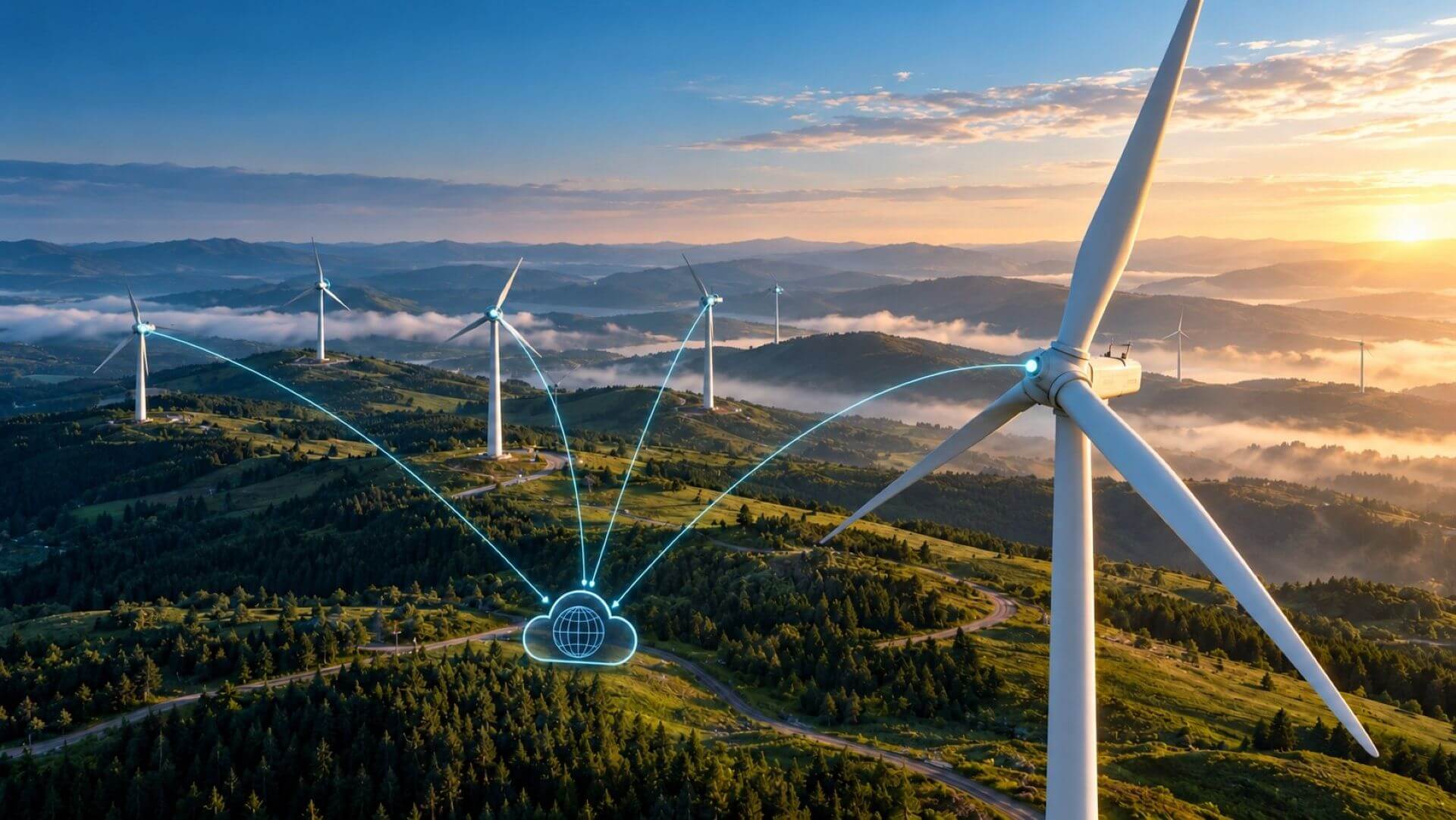 Graphic of onshore wind farm connected to a network