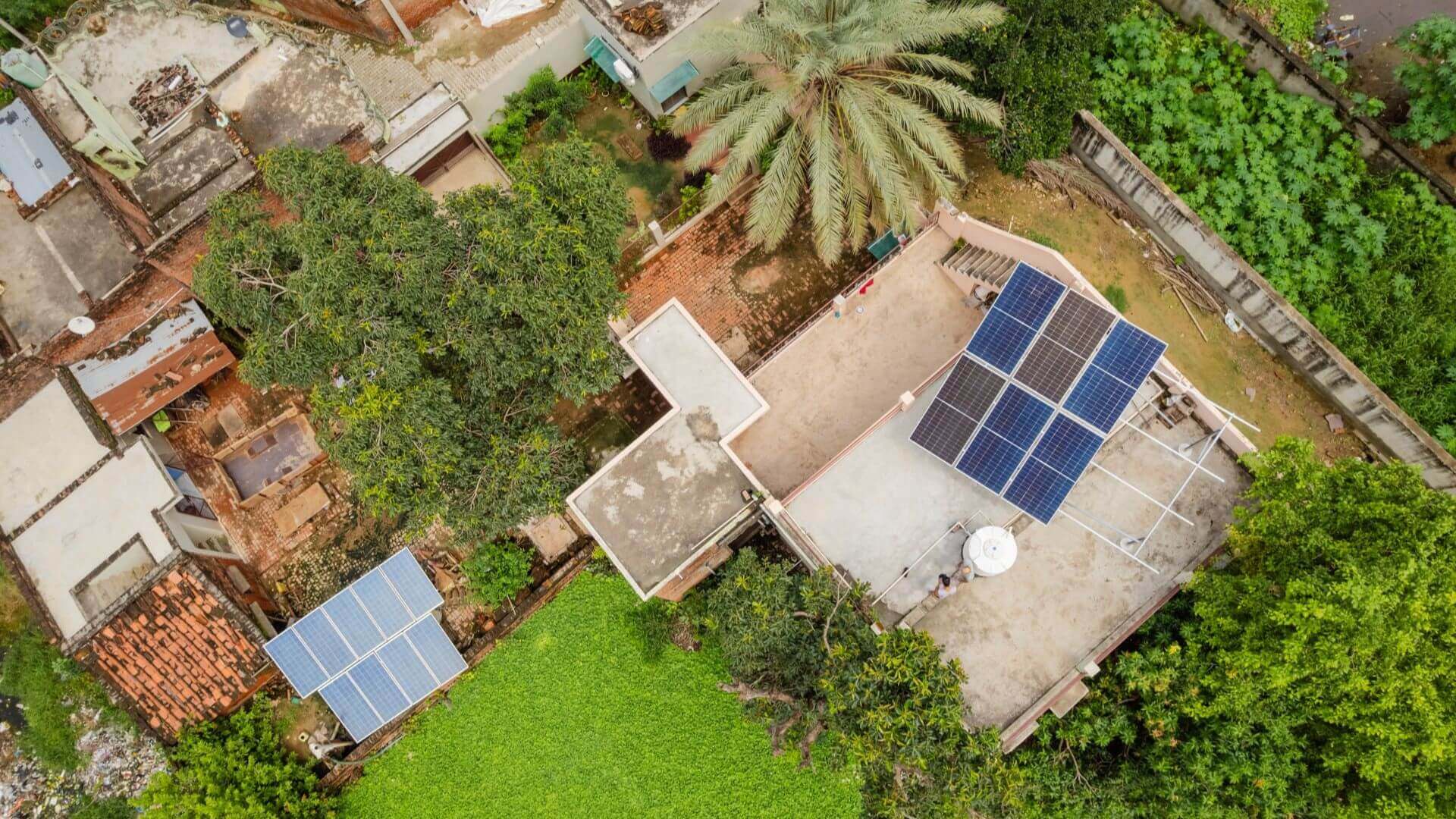 Aerial view of solar panels on rooftop in India